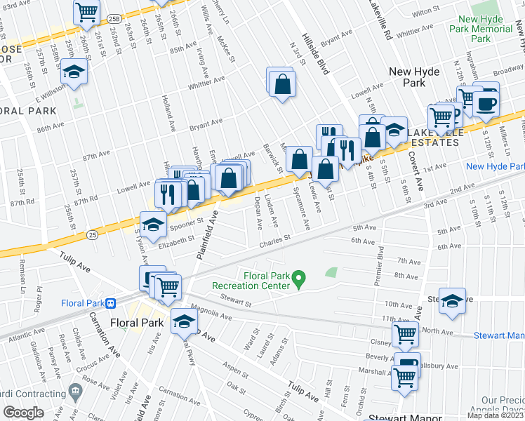map of restaurants, bars, coffee shops, grocery stores, and more near 372 Jericho Turnpike in Floral Park