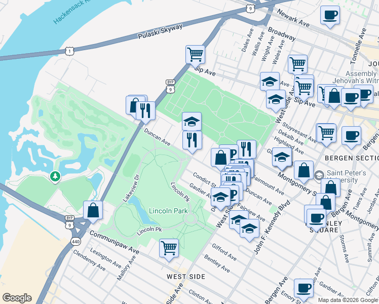 map of restaurants, bars, coffee shops, grocery stores, and more near 451 Mallory Avenue in Jersey City