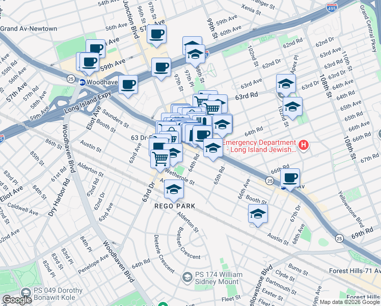 map of restaurants, bars, coffee shops, grocery stores, and more near 63-109 Saunders Street in Queens