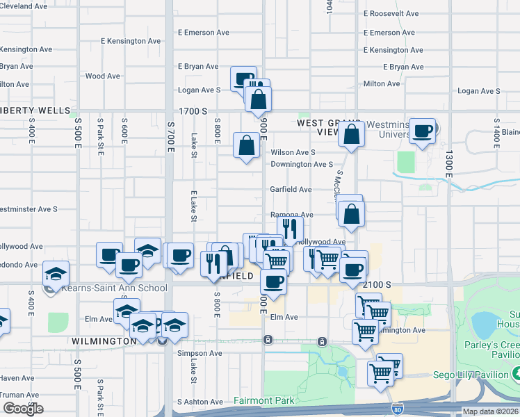 map of restaurants, bars, coffee shops, grocery stores, and more near 1898 South 900 East in Salt Lake City