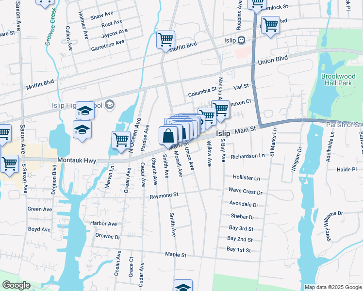 map of restaurants, bars, coffee shops, grocery stores, and more near 484 Main Street in Islip