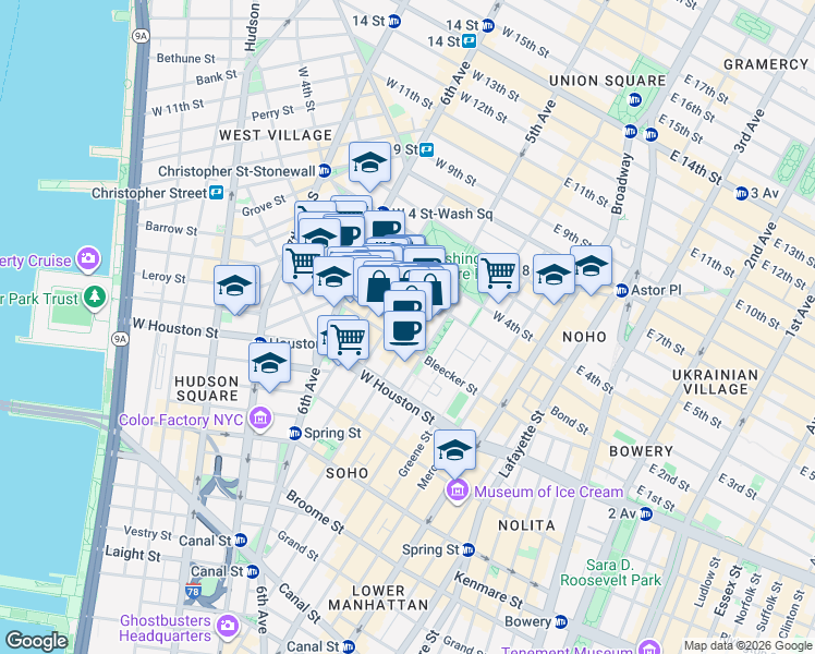 map of restaurants, bars, coffee shops, grocery stores, and more near 165 Bleecker Street in New York
