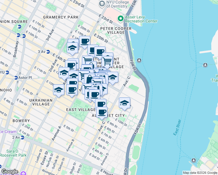 map of restaurants, bars, coffee shops, grocery stores, and more near 634 East 14th Street in New York