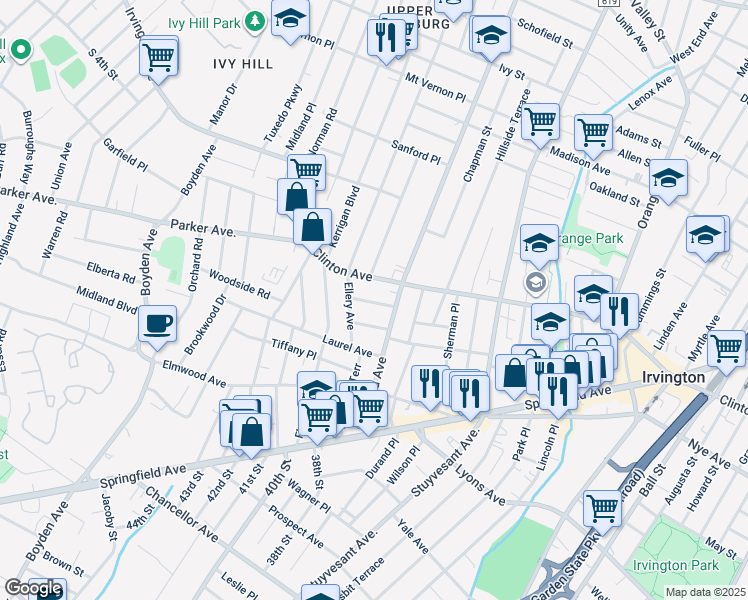 map of restaurants, bars, coffee shops, grocery stores, and more near 1406 Clinton Avenue in Irvington