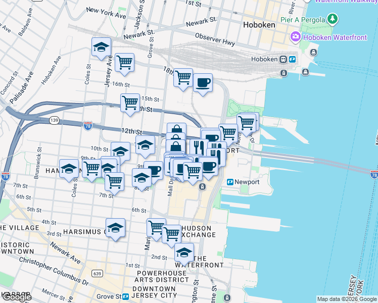 map of restaurants, bars, coffee shops, grocery stores, and more near 29245 Mall Drive East in Jersey City