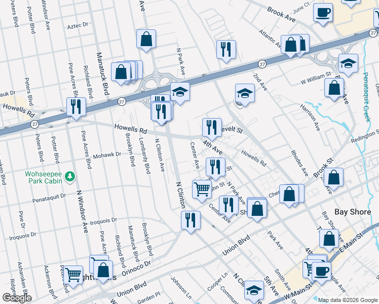 map of restaurants, bars, coffee shops, grocery stores, and more near 56 Howells Road in Bay Shore