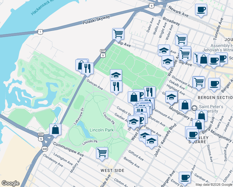map of restaurants, bars, coffee shops, grocery stores, and more near in Jersey City