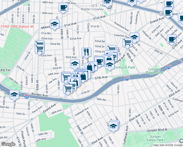 map of restaurants, bars, coffee shops, grocery stores, and more near 72-27 Grand Avenue in Queens