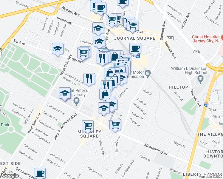 map of restaurants, bars, coffee shops, grocery stores, and more near Smith Street in Jersey City