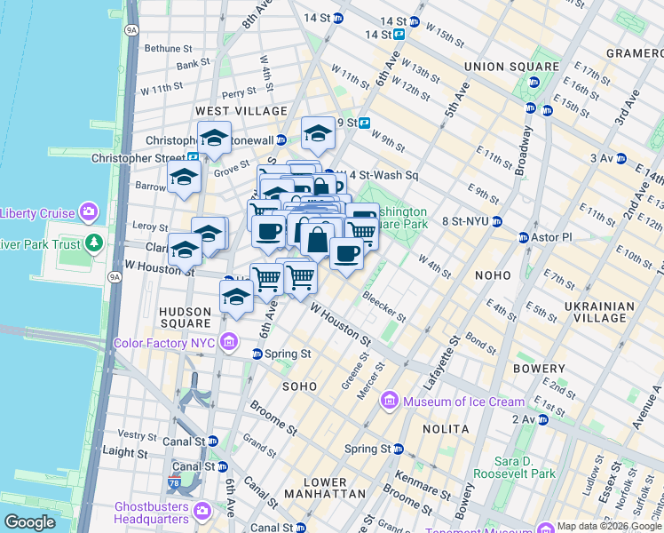 map of restaurants, bars, coffee shops, grocery stores, and more near 204 Sullivan Street in New York