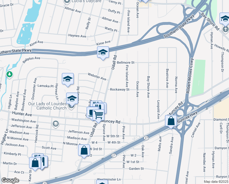map of restaurants, bars, coffee shops, grocery stores, and more near 519 Rockaway Street in West Islip