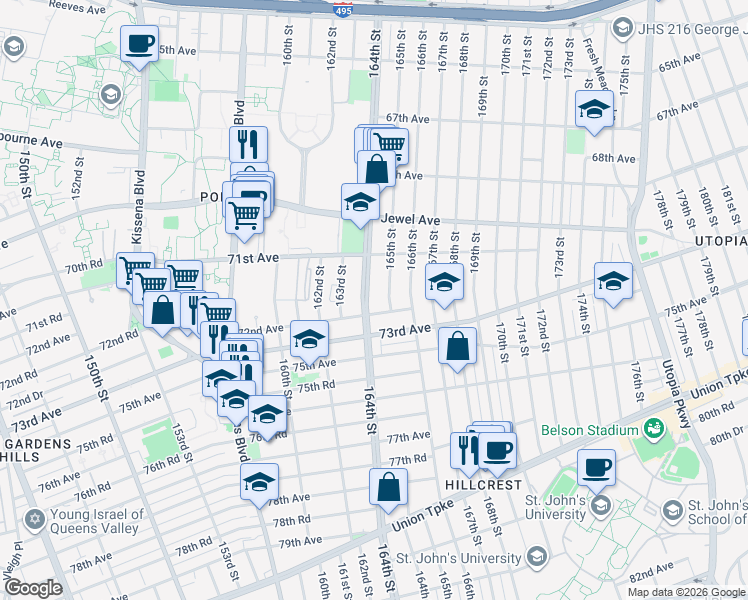 map of restaurants, bars, coffee shops, grocery stores, and more near 71-36 165th Street in Queens