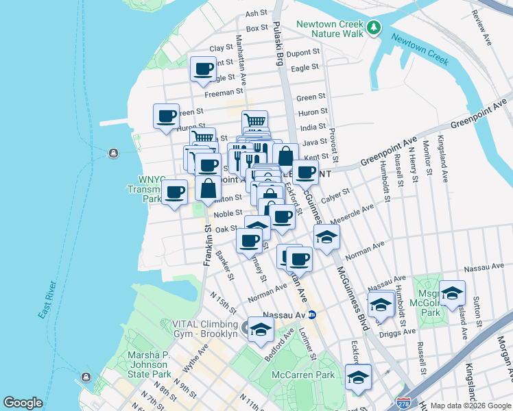 map of restaurants, bars, coffee shops, grocery stores, and more near in Brooklyn