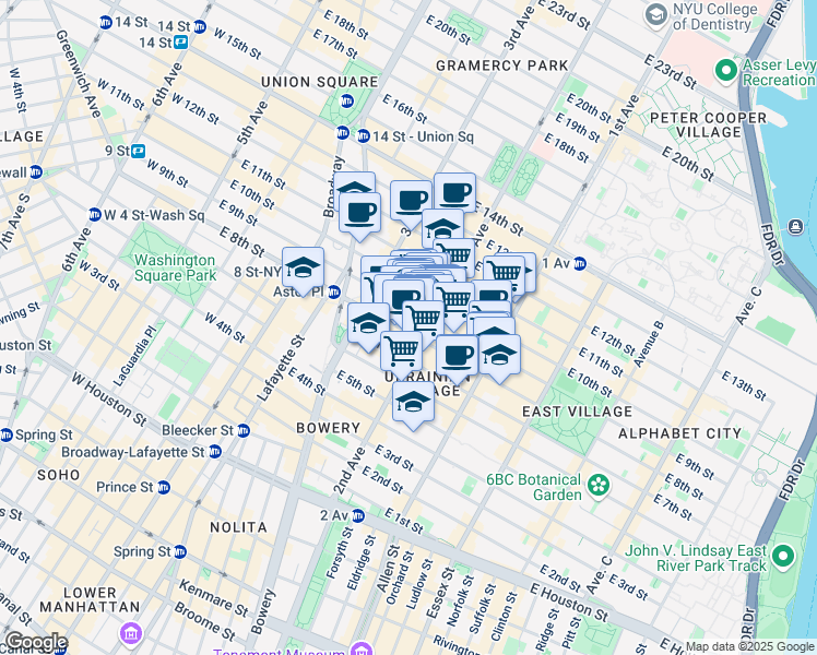map of restaurants, bars, coffee shops, grocery stores, and more near 149 2nd Avenue in New York