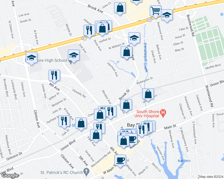 map of restaurants, bars, coffee shops, grocery stores, and more near 103 2nd Avenue in Bay Shore