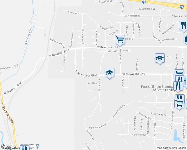 map of restaurants, bars, coffee shops, grocery stores, and more near 3419 West Richwoods Boulevard in Peoria
