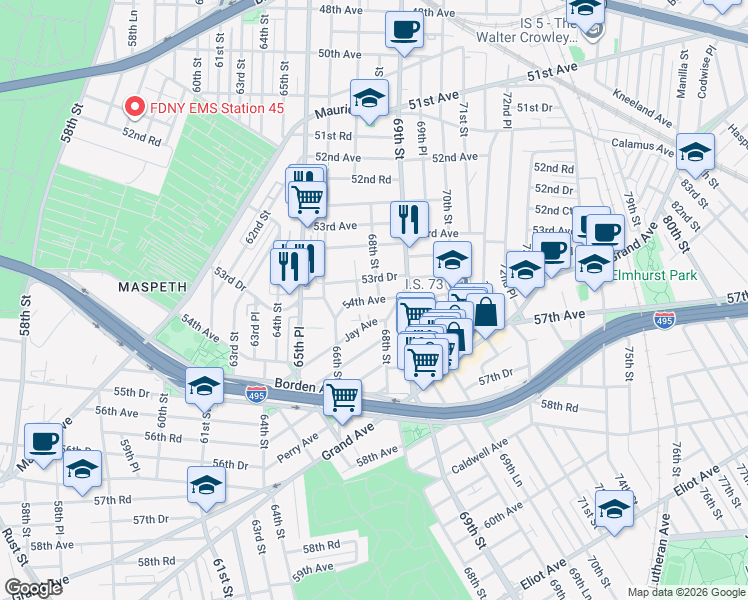 map of restaurants, bars, coffee shops, grocery stores, and more near 67-4 53rd Drive in Queens