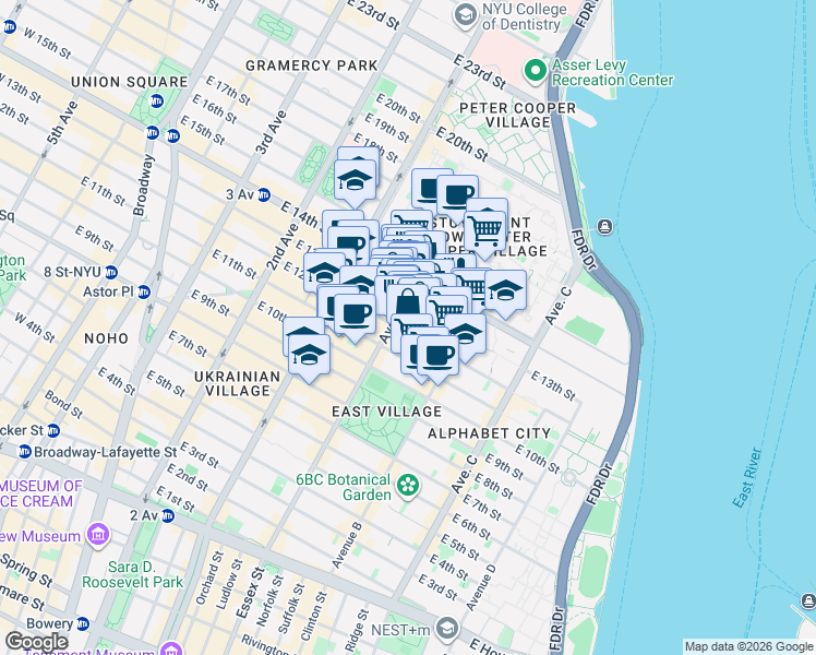 map of restaurants, bars, coffee shops, grocery stores, and more near 509 East 12th Street in New York