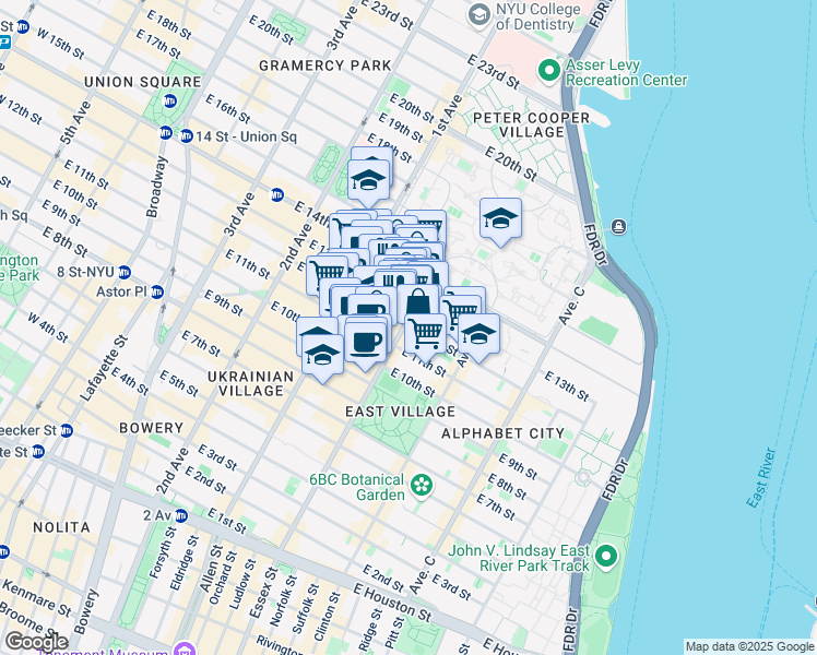 map of restaurants, bars, coffee shops, grocery stores, and more near 201 Avenue A in New York