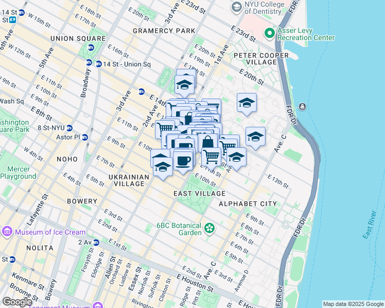map of restaurants, bars, coffee shops, grocery stores, and more near 436 East 12th Street in New York