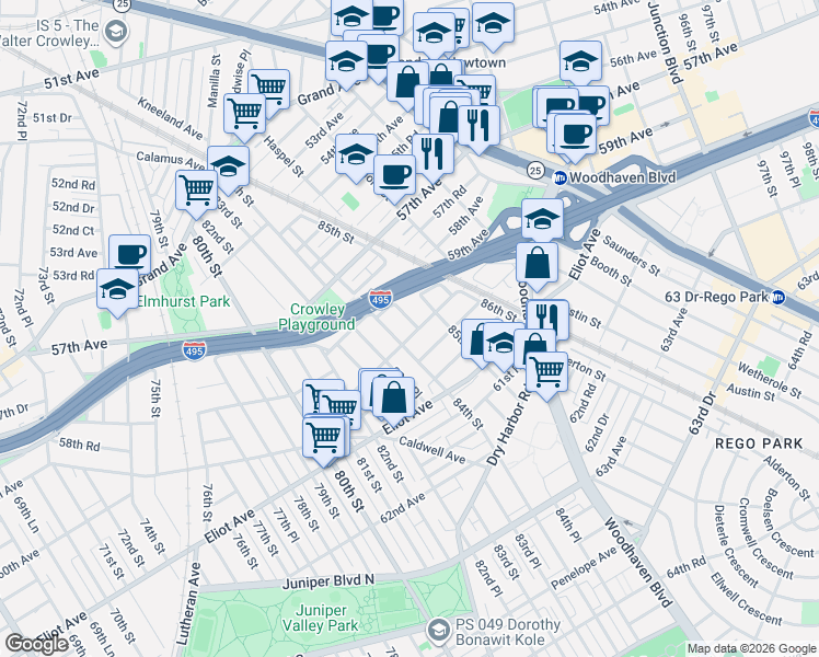 map of restaurants, bars, coffee shops, grocery stores, and more near 58-20 84th Place in Queens