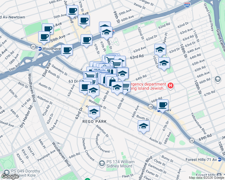 map of restaurants, bars, coffee shops, grocery stores, and more near 97-50 Queens Boulevard in Queens