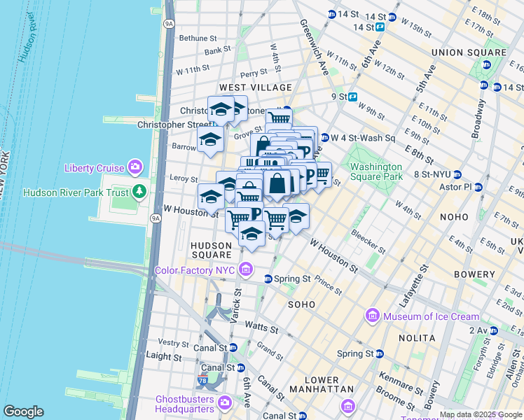 map of restaurants, bars, coffee shops, grocery stores, and more near 35 Bedford Street in New York