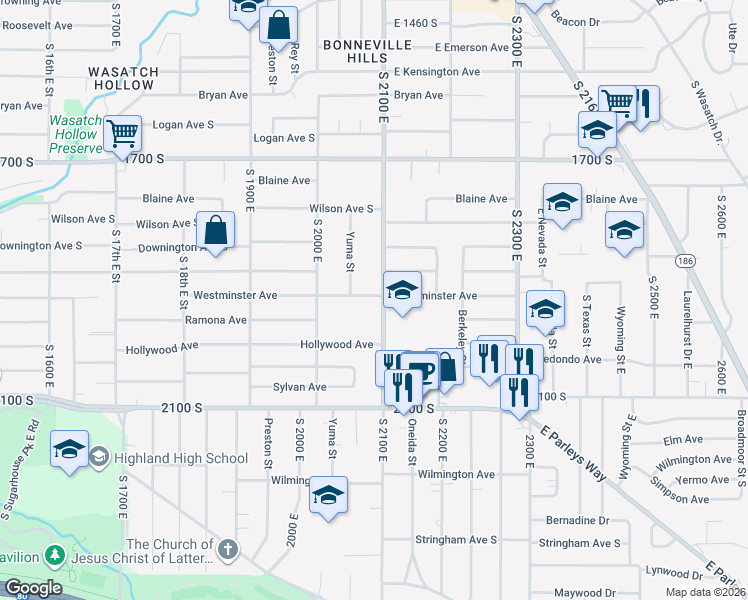 map of restaurants, bars, coffee shops, grocery stores, and more near 1880 South 2100 East in Salt Lake City