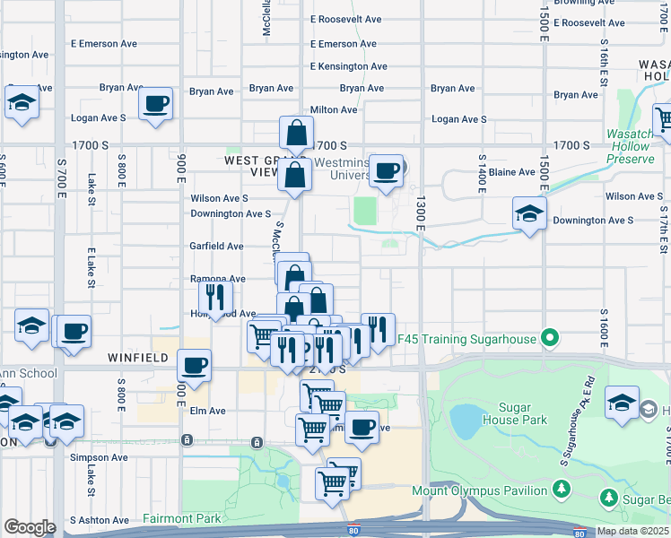 map of restaurants, bars, coffee shops, grocery stores, and more near 1151 Westminster Avenue in Salt Lake City