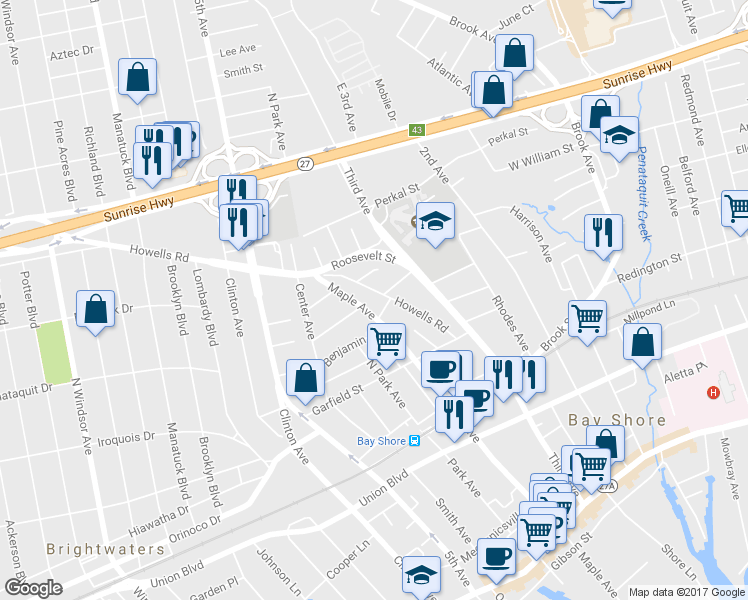 map of restaurants, bars, coffee shops, grocery stores, and more near 37 Howells Road in Bay Shore