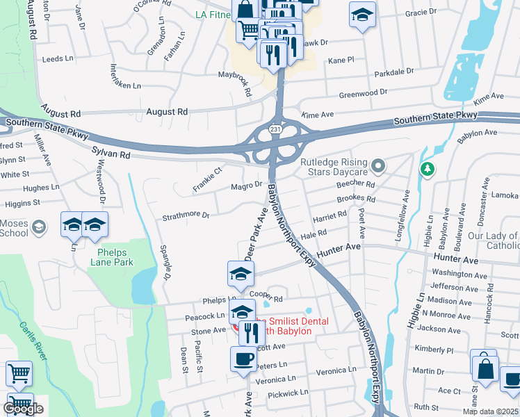 map of restaurants, bars, coffee shops, grocery stores, and more near in North Babylon