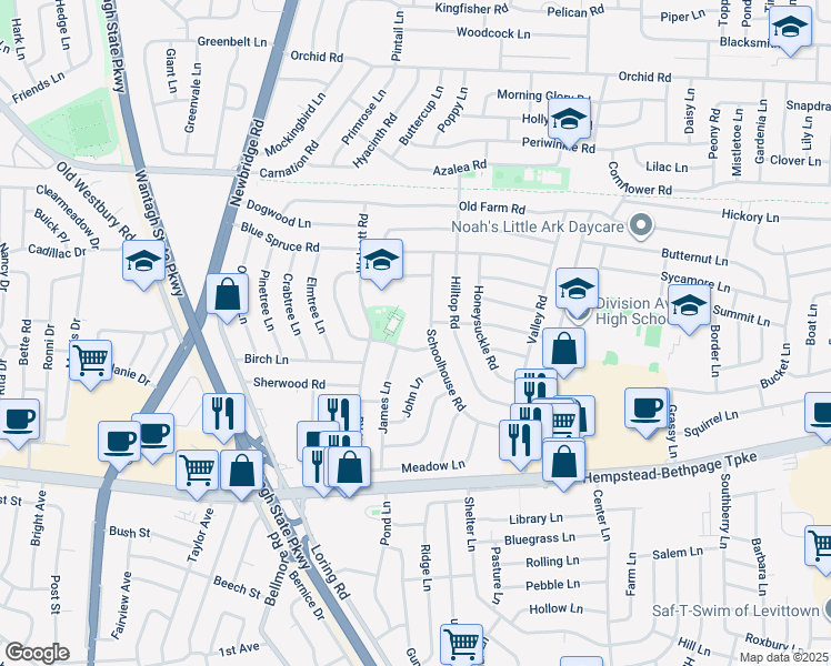 map of restaurants, bars, coffee shops, grocery stores, and more near 89 Wolcott Road in Levittown