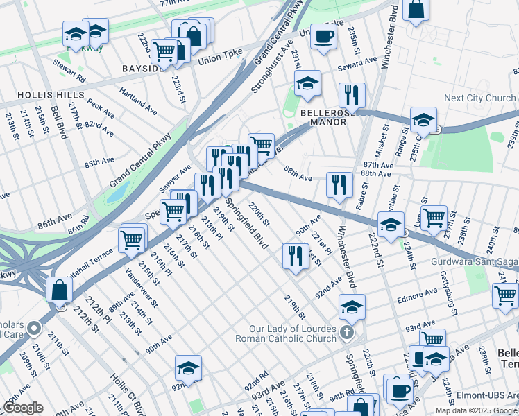 map of restaurants, bars, coffee shops, grocery stores, and more near in Queens