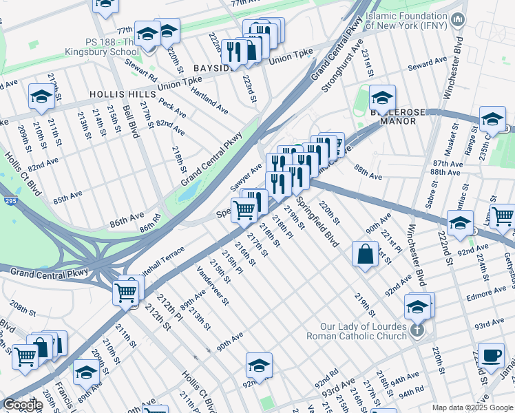 map of restaurants, bars, coffee shops, grocery stores, and more near 218-07 Spencer Avenue in Queens
