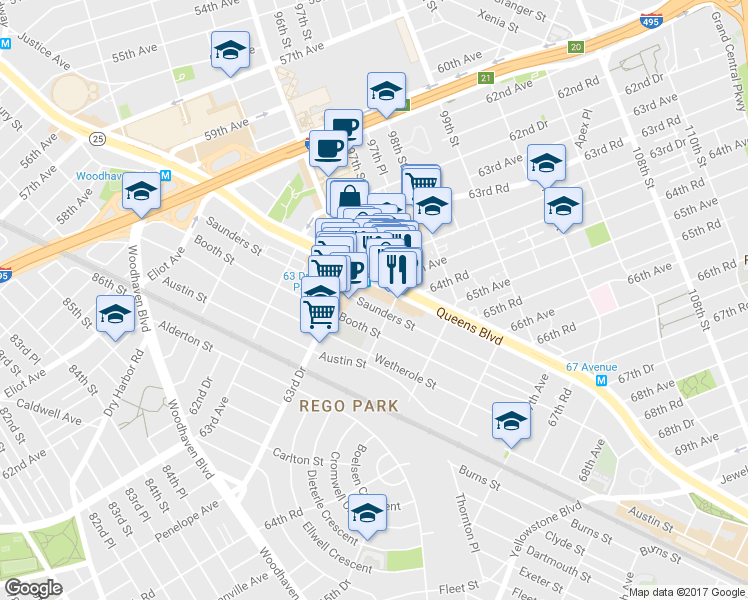map of restaurants, bars, coffee shops, grocery stores, and more near 9632 Queens Boulevard in Queens