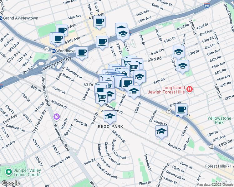 map of restaurants, bars, coffee shops, grocery stores, and more near 9632 Queens Boulevard in Queens