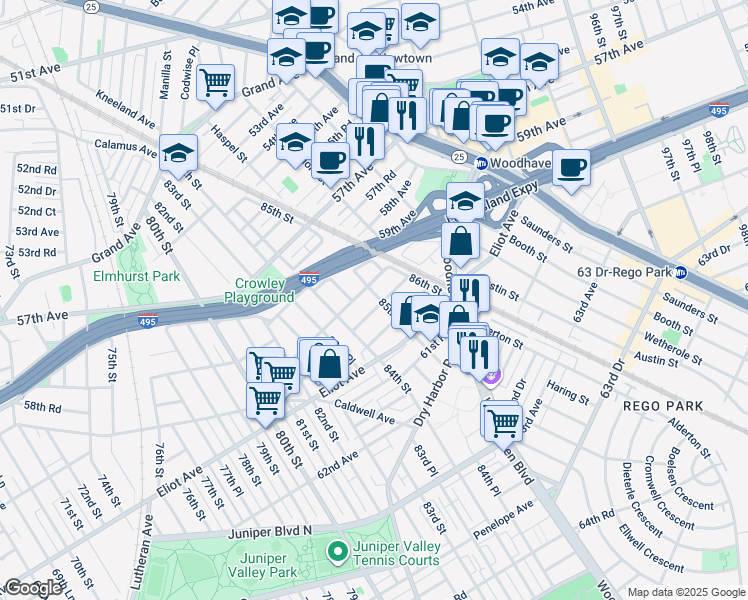 map of restaurants, bars, coffee shops, grocery stores, and more near 85-4 60th Avenue in Queens