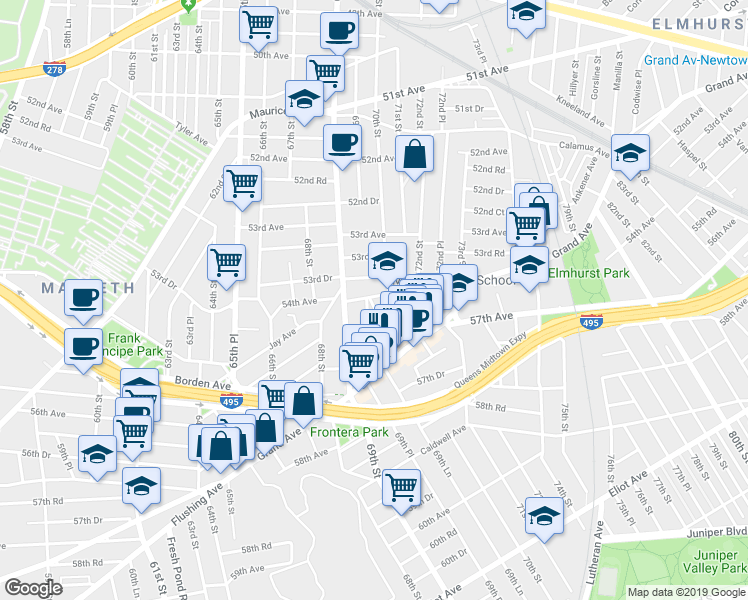 map of restaurants, bars, coffee shops, grocery stores, and more near 69-30 53rd Drive in Queens