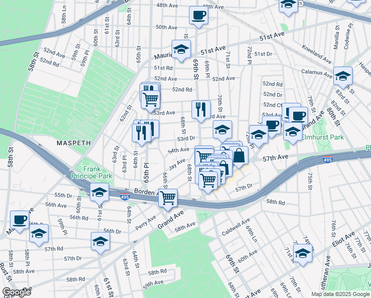 map of restaurants, bars, coffee shops, grocery stores, and more near 67-4 53rd Drive in Queens