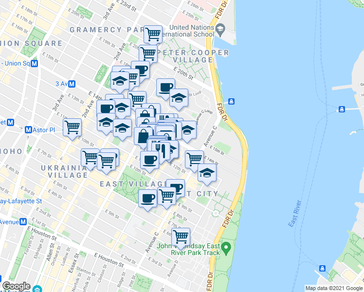 map of restaurants, bars, coffee shops, grocery stores, and more near 625 East 14th Street in New York