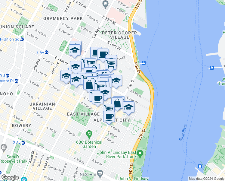 map of restaurants, bars, coffee shops, grocery stores, and more near 625 East 14th Street in New York