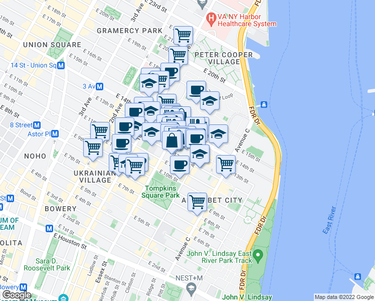 map of restaurants, bars, coffee shops, grocery stores, and more near 515 East 13th Street in New York