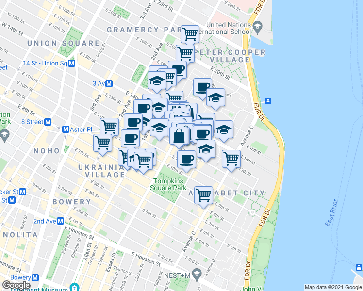 map of restaurants, bars, coffee shops, grocery stores, and more near 206 Avenue A in New York