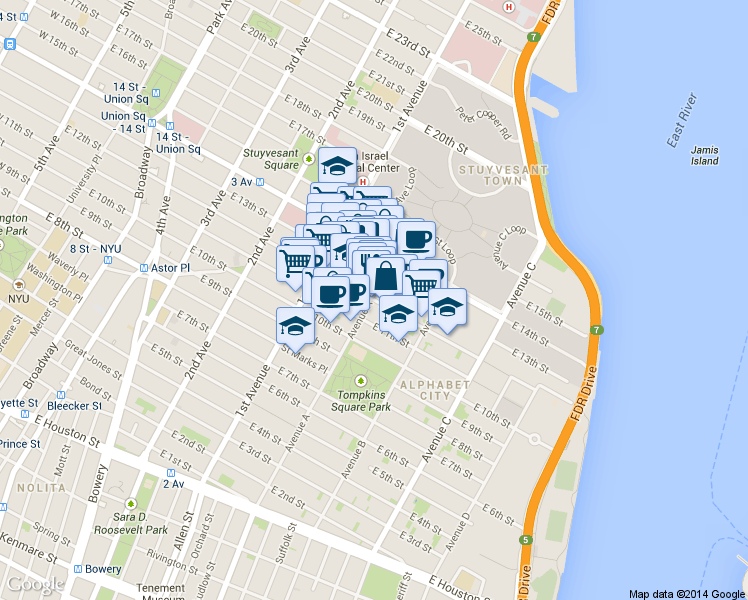 map of restaurants, bars, coffee shops, grocery stores, and more near 199 Avenue A in New York