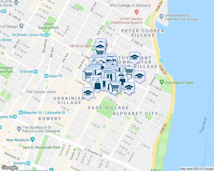 map of restaurants, bars, coffee shops, grocery stores, and more near 201 Avenue A in New York