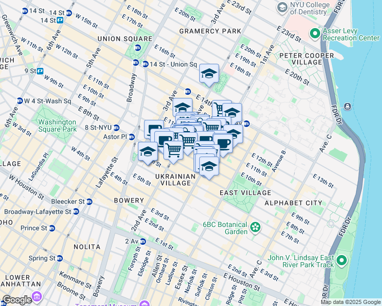 map of restaurants, bars, coffee shops, grocery stores, and more near 213 East 10th Street in New York