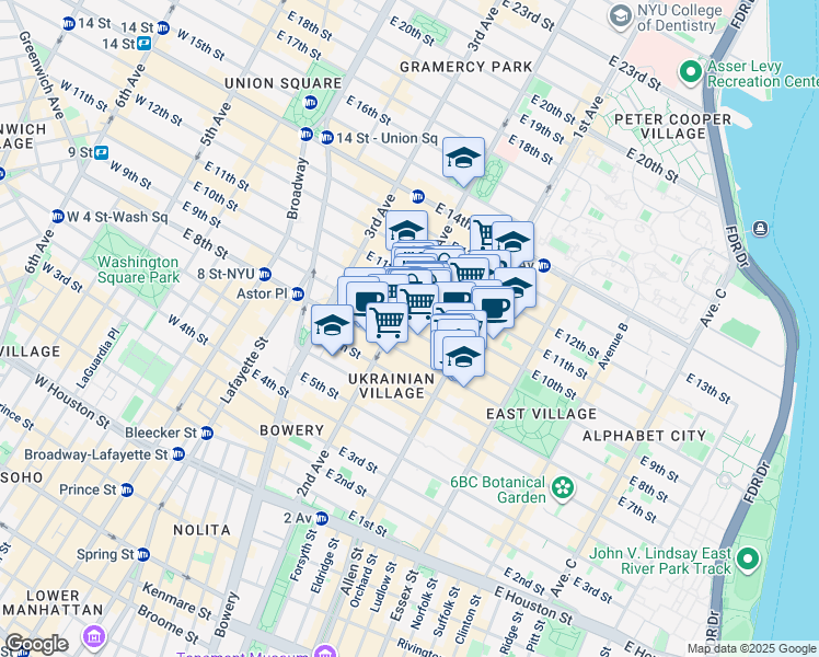 map of restaurants, bars, coffee shops, grocery stores, and more near 213 East 10th Street in New York