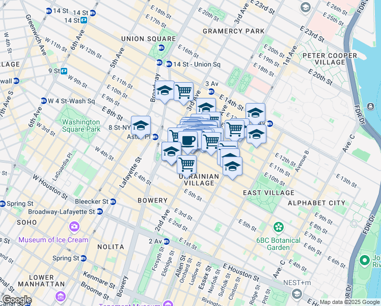 map of restaurants, bars, coffee shops, grocery stores, and more near 149 2nd Avenue in New York