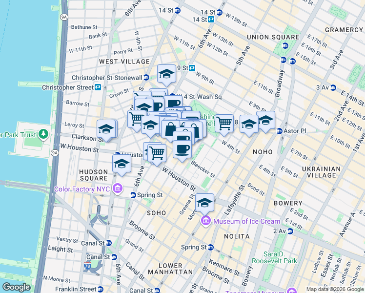 map of restaurants, bars, coffee shops, grocery stores, and more near 165 Bleecker Street in New York