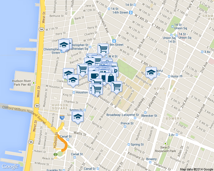 map of restaurants, bars, coffee shops, grocery stores, and more near 190 Bleecker Street in New York
